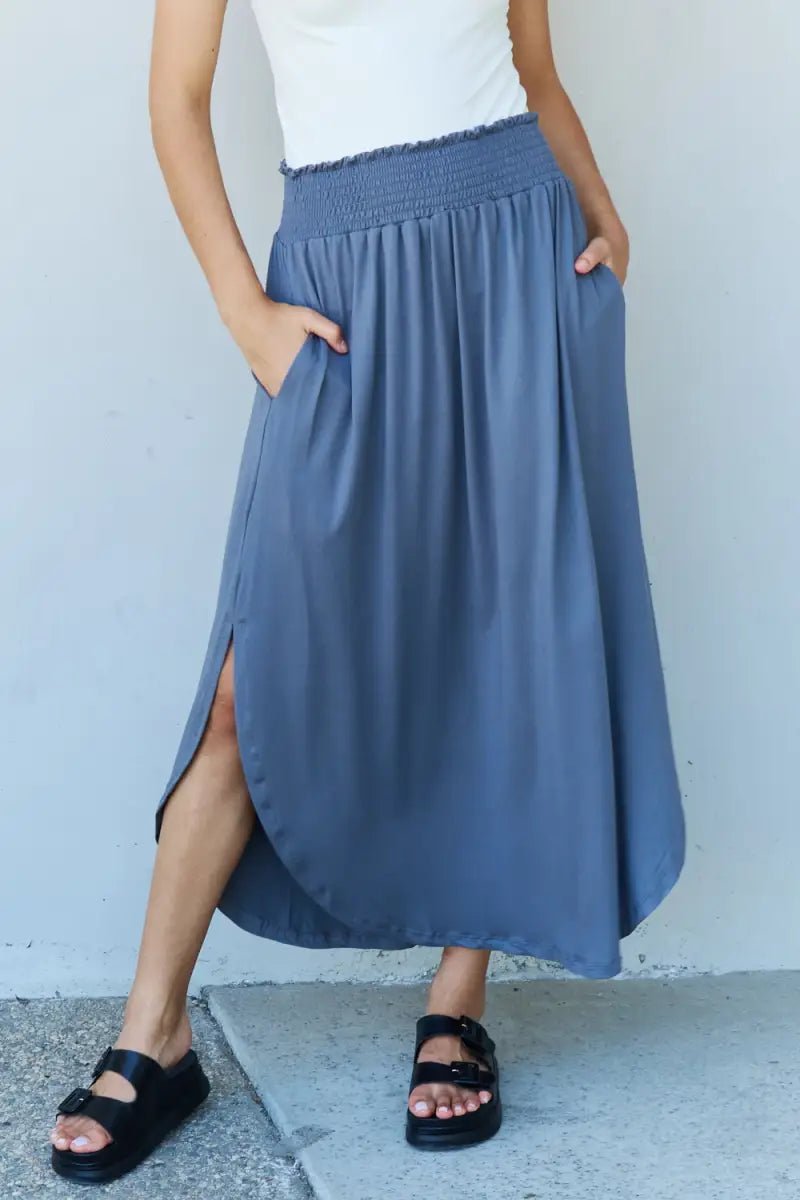 Dusty Blue / S - Doublju Comfort Princess Full Size High Waist Scoop Hem Maxi Skirt in Charcoal - Skirt - Ninexis