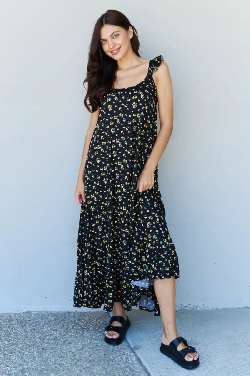 Floral / S - Doublju In The Garden Ruffle Floral Maxi Dress in Black Yellow Floral - Dress - Ninexis - Dresses