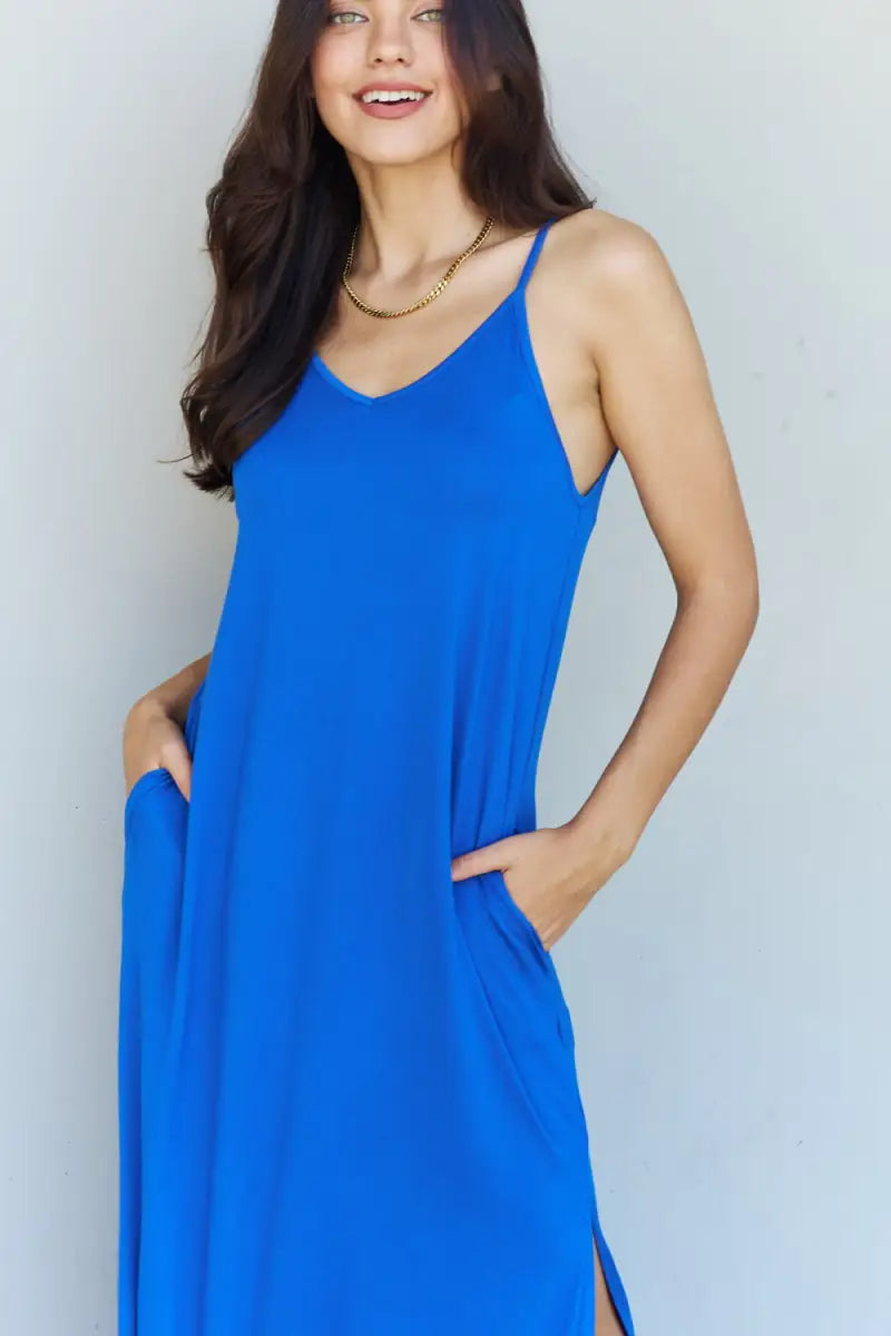 Ninexis Good Energy Full Size Cami Side Slit Maxi Dress in Royal Blue - Dress - Ninexis - Dresses