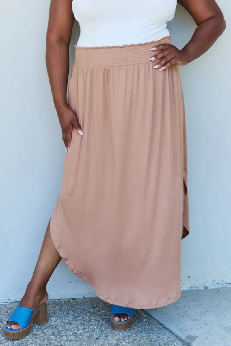 Khaki / S - Doublju Comfort Princess Full Size High Waist Scoop Hem Maxi Skirt in Tan - Skirt - Ninexis - Bottoms