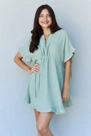 Out Of Time Full Size Ruffle Hem Dress with Drawstring Waistband in Light Sage - Dress - Ninexis - Dresses