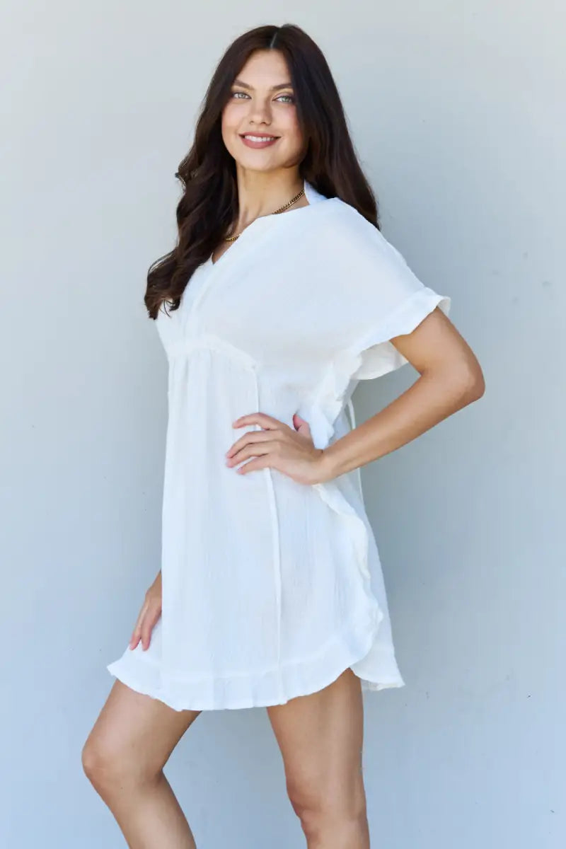 Out Of Time Full Size Ruffle Hem Dress with Drawstring Waistband in White - Dress - Ninexis - Dresses