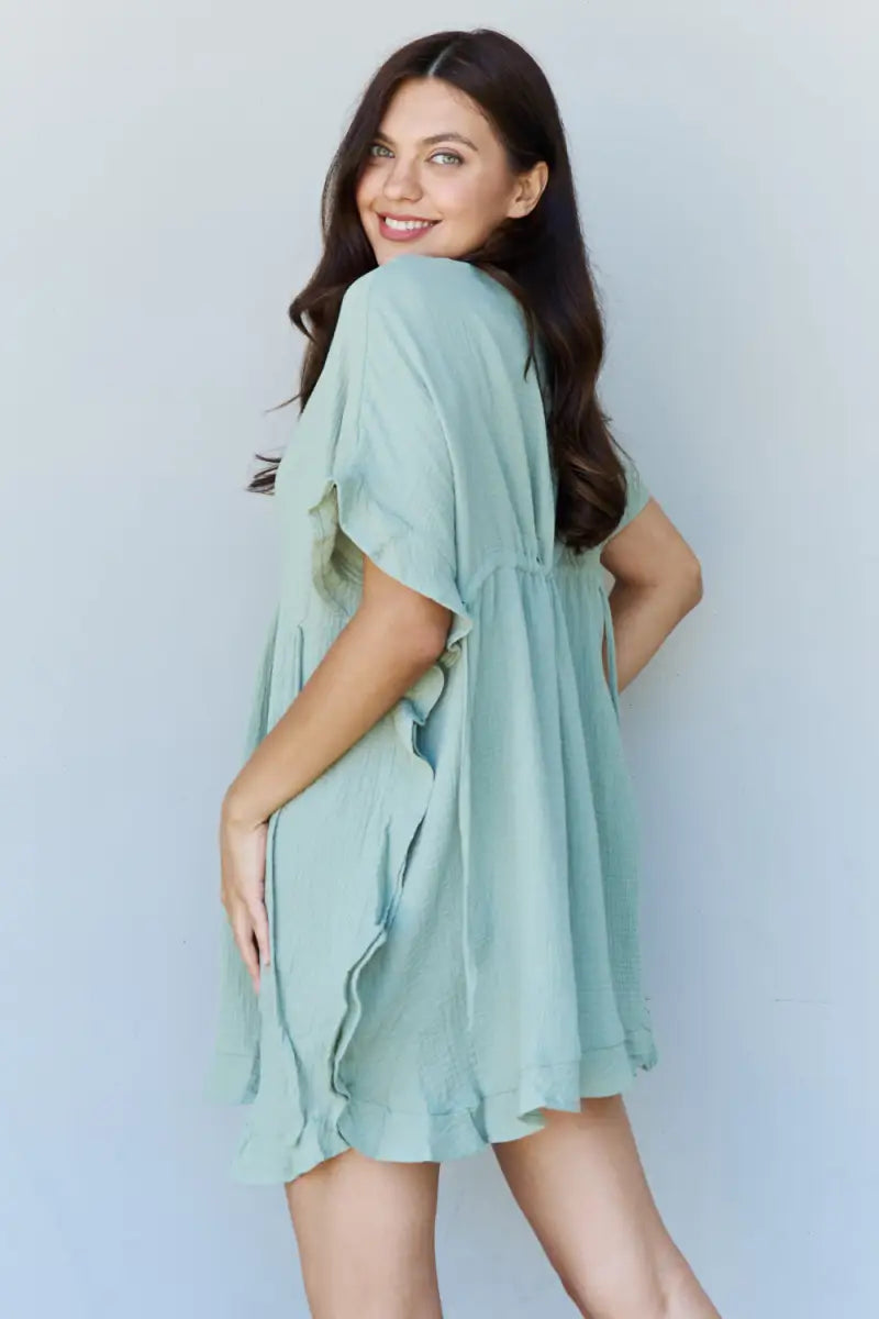 Out Of Time Full Size Ruffle Hem Dress with Drawstring Waistband in Light Sage - Dress - Ninexis - Dresses