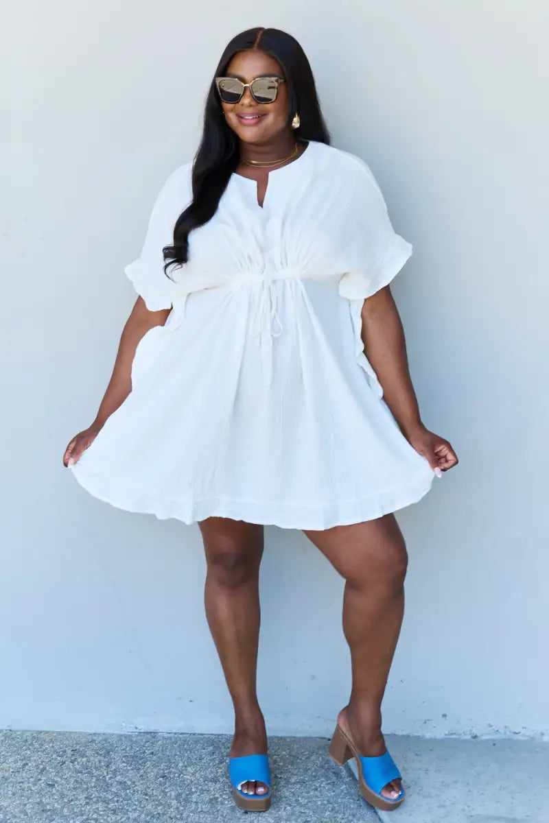 Out Of Time Full Size Ruffle Hem Dress with Drawstring Waistband in White - Dress - Ninexis - Dresses