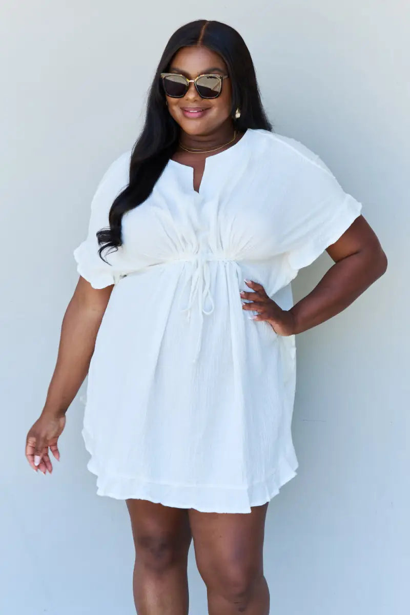 Out Of Time Full Size Ruffle Hem Dress with Drawstring Waistband in White - Dress - Ninexis - Dresses