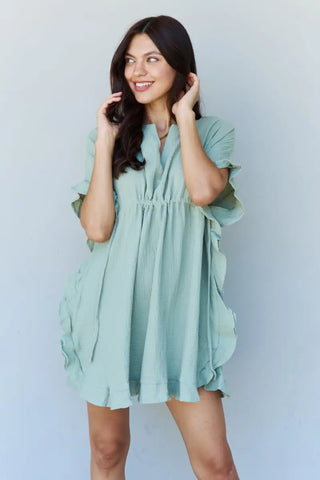 Out Of Time Full Size Ruffle Hem Dress with Drawstring Waistband in Light Sage - Dress - Ninexis - Dresses