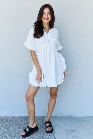 Out Of Time Full Size Ruffle Hem Dress with Drawstring Waistband in White - Dress - Ninexis - Dresses