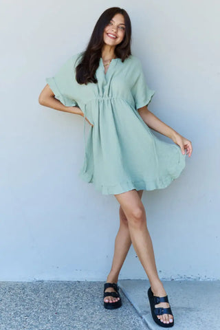 Out Of Time Full Size Ruffle Hem Dress with Drawstring Waistband in Light Sage - Dress - Ninexis - Dresses