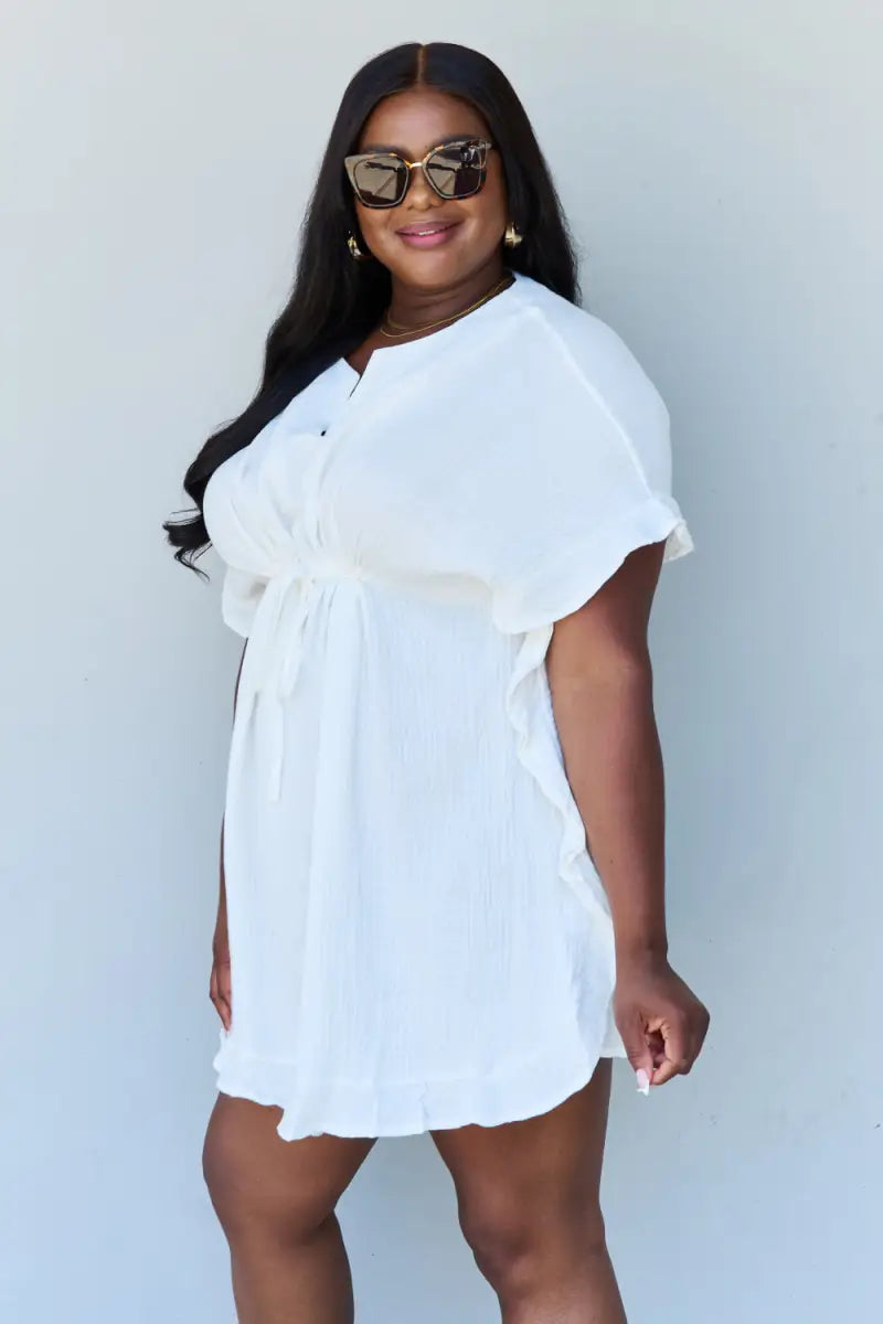 Out Of Time Full Size Ruffle Hem Dress with Drawstring Waistband in White - Dress - Ninexis - Dresses