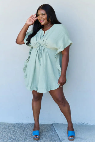 Out Of Time Full Size Ruffle Hem Dress with Drawstring Waistband in Light Sage - Dress - Ninexis - Dresses