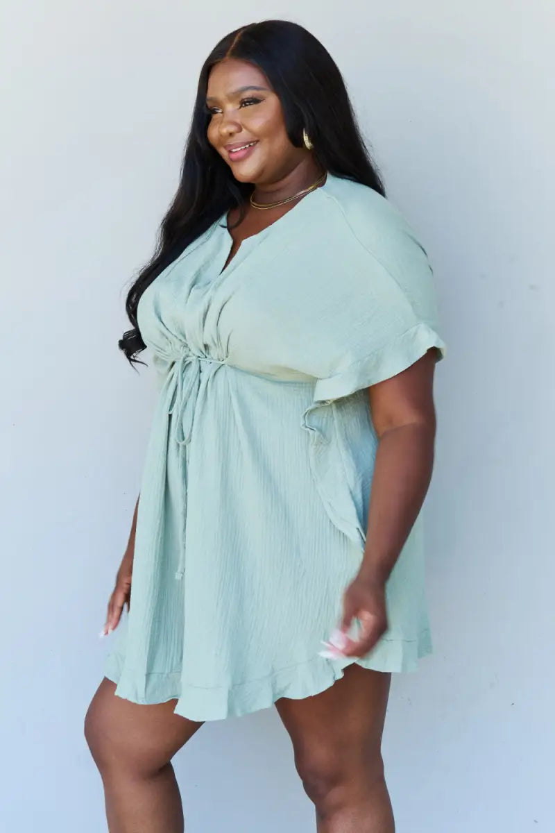 Out Of Time Full Size Ruffle Hem Dress with Drawstring Waistband in Light Sage - Dress - Ninexis - Dresses