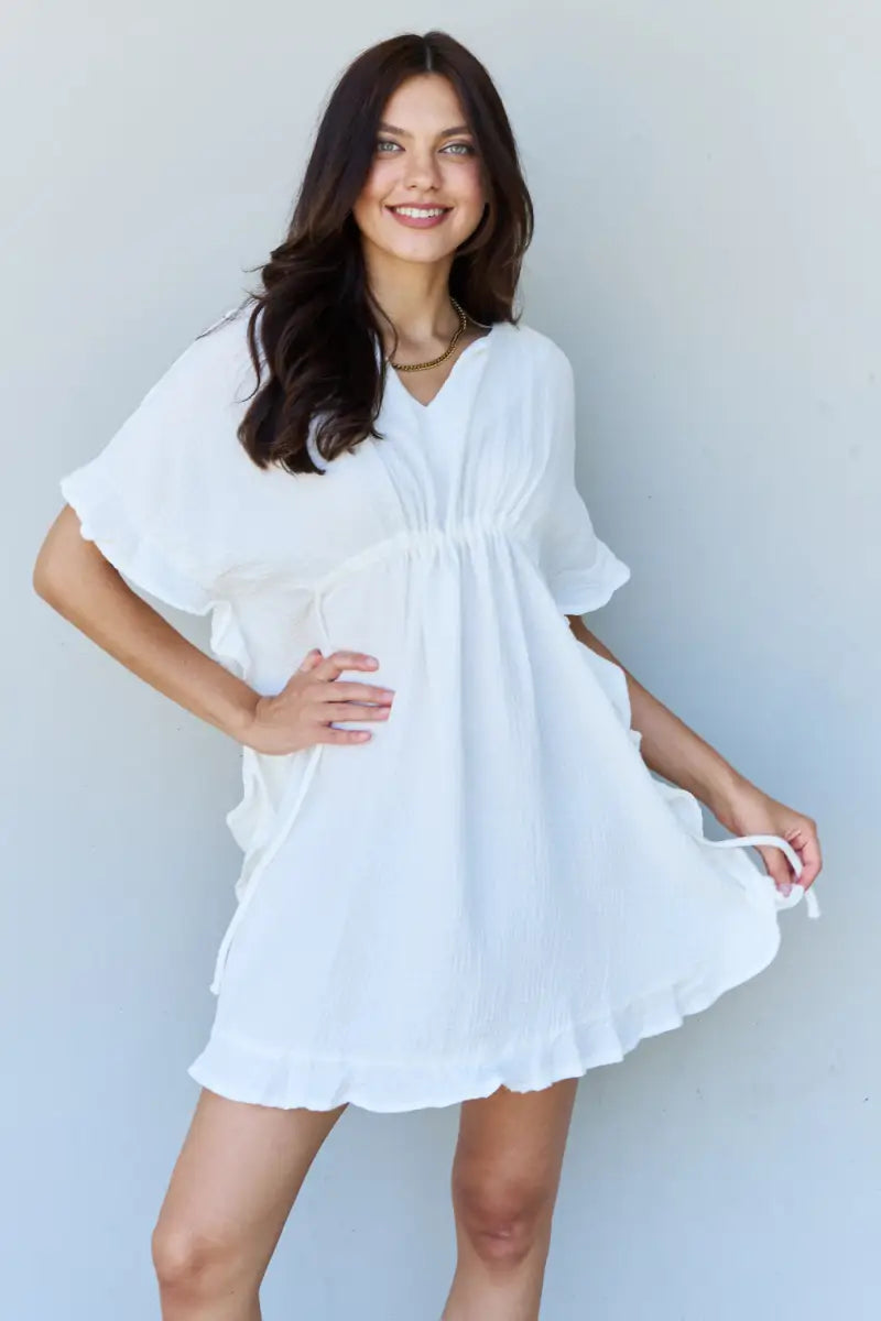 White / S - Out Of Time Full Size Ruffle Hem Dress with Drawstring Waistband in White - Dress - Ninexis - Dresses