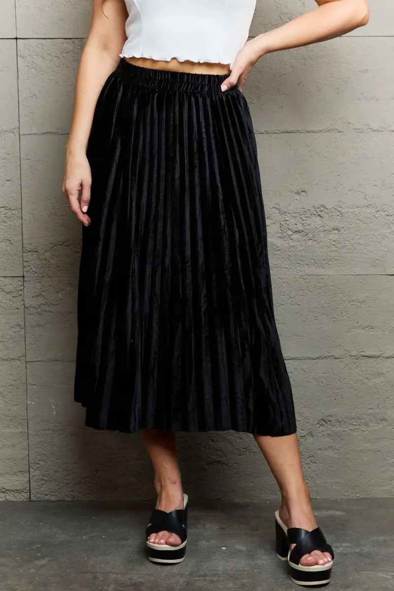 Black / One Size - Accordion Pleated Flowy Midi Skirt - Skirt - Ninexsis - Bottoms