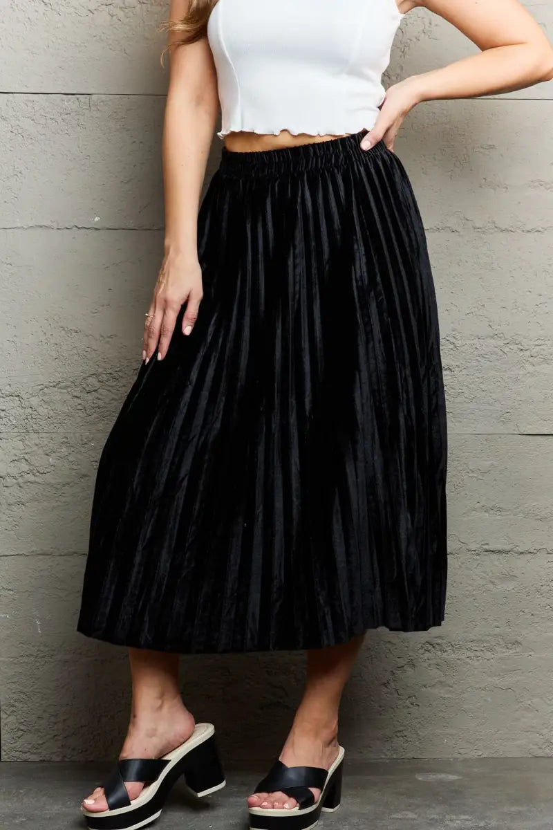 Black / One Size - Accordion Pleated Flowy Midi Skirt - Skirt - Ninexsis - Bottoms