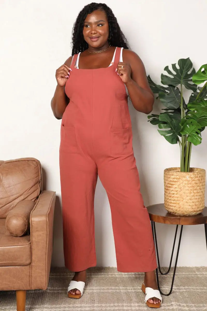 Orange-Red / S - Wide Leg Overalls with Front Pockets - Romper - Parfee - Jumpsuits & Rompers