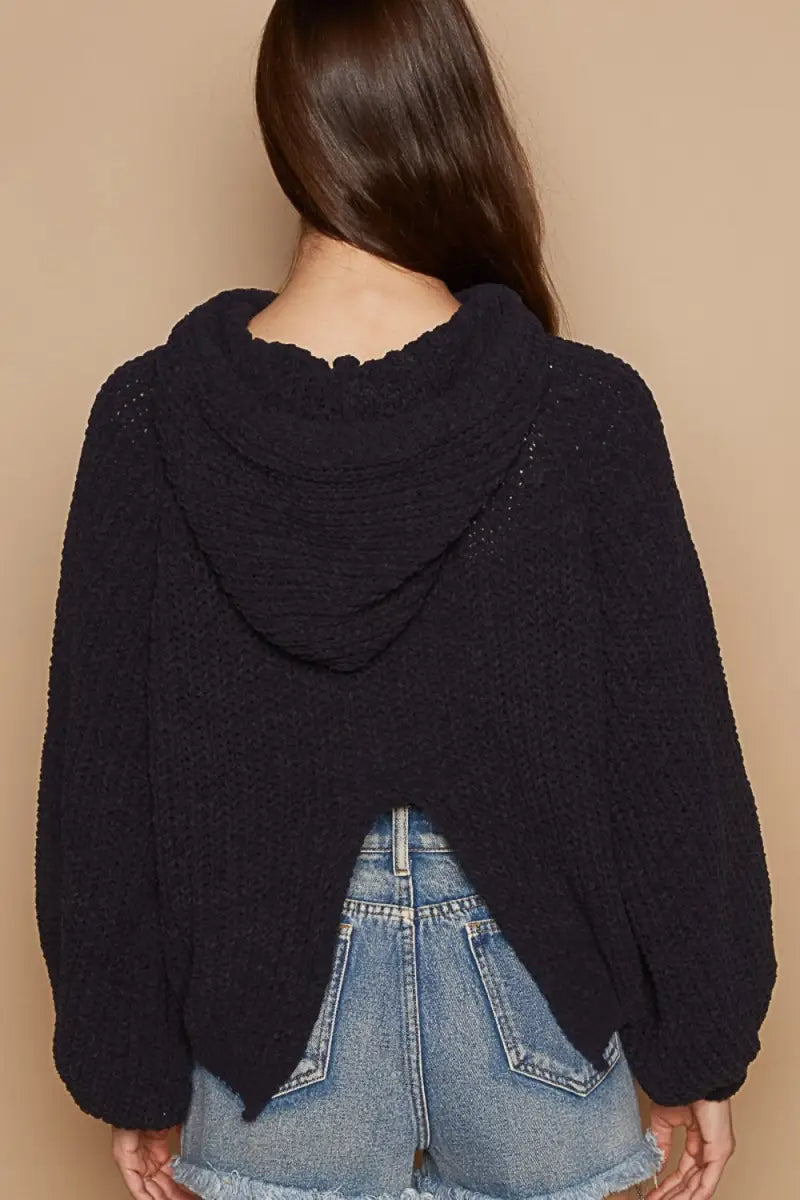 Back Open Slit Balloon Sleeve Crop Hooded Sweater - Sweater - POL - Winter Collection