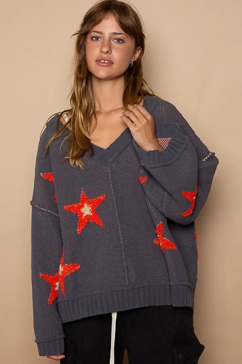 Charcoal / S - Long Sleeve Star Patch Sweater - Sweater - POL - Winter Collection