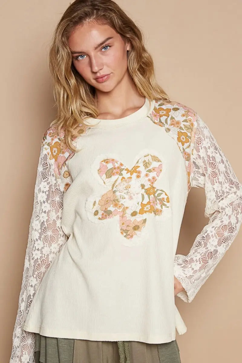 Cream / S - Flower Patch Lace Sleeve Knit Top - Sweater - POL - Winter Collection