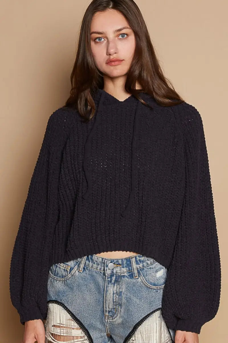 Indigo / S - Back Open Slit Balloon Sleeve Crop Hooded Sweater - Sweater - POL - Winter Collection