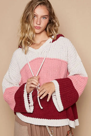 Pink Burgundy Multi / S - Color Block Long Sleeve Hooded Sweater - Sweater - POL - Winter Collection