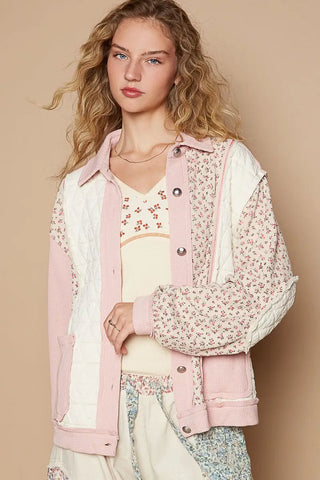 Pink / S - Floral Exposed Seam Button Up Quilted Jacket - Jacket - POL - Winter Collection