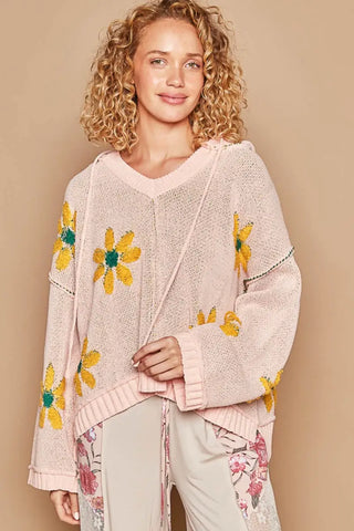 Pink / S - Floral Pattern Hooded High-Low Sweater - Sweater - POL - Winter Collection