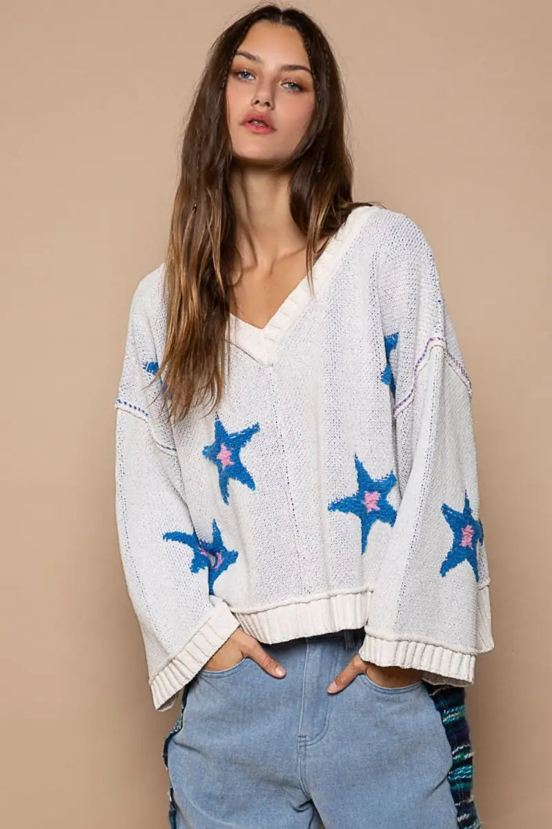 White / S - Long Sleeve Star Patch Sweater - Sweater - POL - Winter Collection