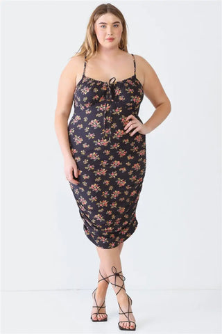 Black / 1XL - Blue Leopard Plus Size Ruched Floral Square Neck Cami Dress - tas - Dresses