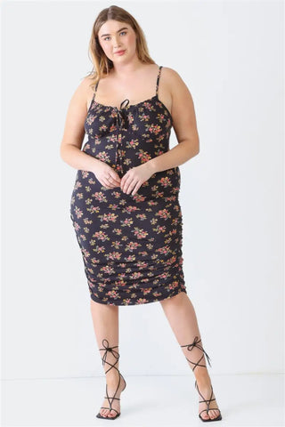 Blue Leopard Plus Size Ruched Floral Square Neck Cami Dress - tas - Dresses