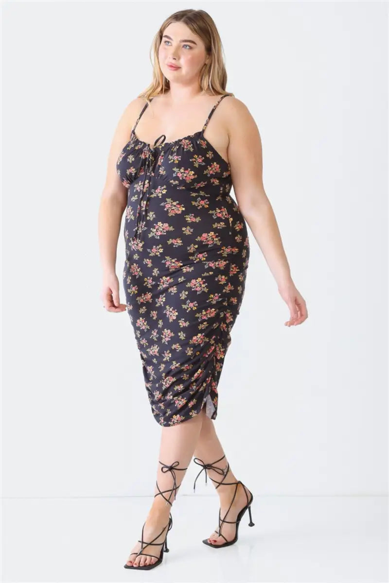 Blue Leopard Plus Size Ruched Floral Square Neck Cami Dress - tas - Dresses