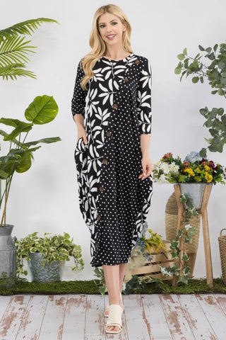 Black Polka / S - Celeste Full Size Floral Polka Dot Contrast Midi-Dress with Pockets - Trendsi - Dresses