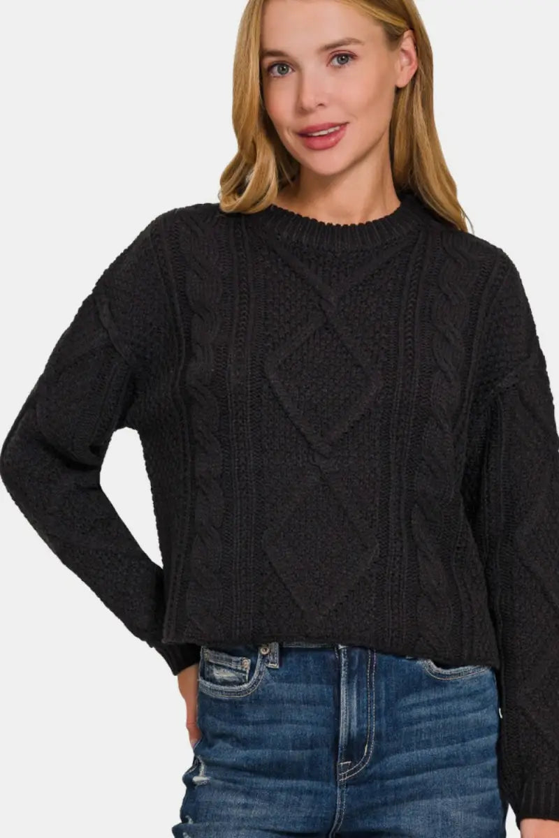 Black / S - Zenana Cropped High Low Cable Sweater with Side Slits - Trendsi - Sweaters & Knitwear