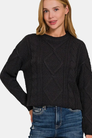 Black / S - Zenana Cropped High Low Cable Sweater with Side Slits - Trendsi - Sweaters & Knitwear