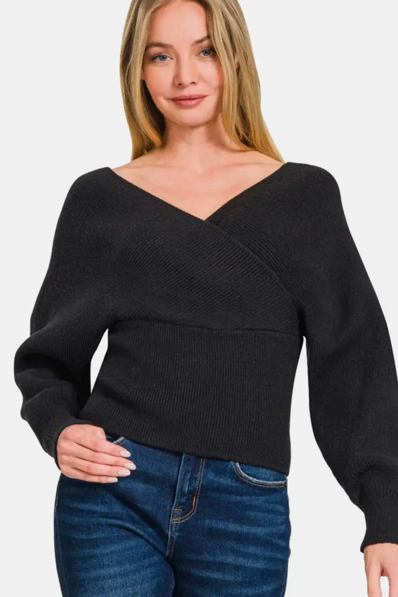 Black / S - Zenana Cross Wrap Rib Long Sleeve Sweater - Trendsi - Sweaters & Knitwear