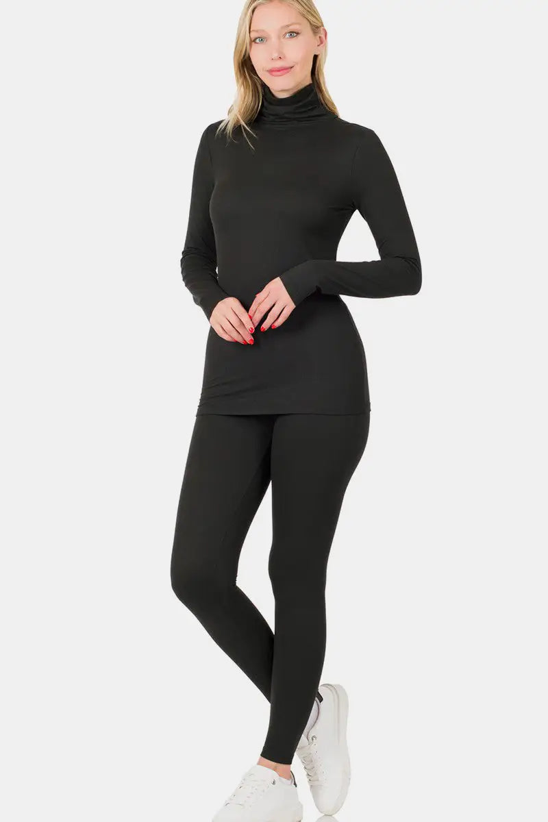 Black / S - Zenana Full Size Turtleneck Top and Leggings Lounge Set - Trendsi - Loungewear