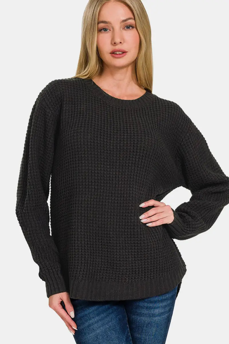 Black / S - Zenana High Low Long Sleeve Waffle Sweater - Trendsi - Sweaters & Knitwear