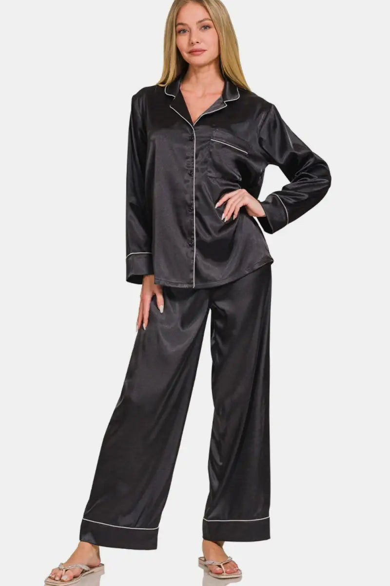 Black / S - Zenana Satin Long Sleeve Shirt and Pants Pajama Set - Trendsi - Loungewear