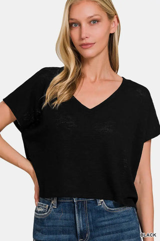 Black / S - Zenana V-Neck Short Sleeve Crop T-Shirt - T-Shirt - Trendsi - Tops