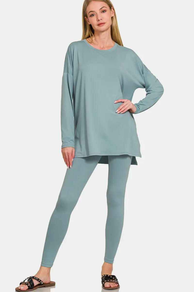 Blue Grey / S - Zenana Full Size Brushed Microfiber Top and Leggings Lounge Set - Trendsi - Loungewear