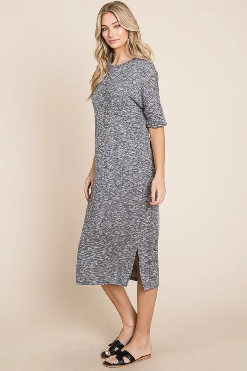 Slit Round Neck Half Sleeve Midi Dress - Dress - BOMBOM - Dresses