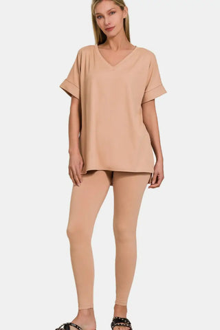 Brush / S - Zenana Full Size V-Neck Rolled Short Sleeve T-Shirt and Leggings Lounge Set - Trendsi - Loungewear