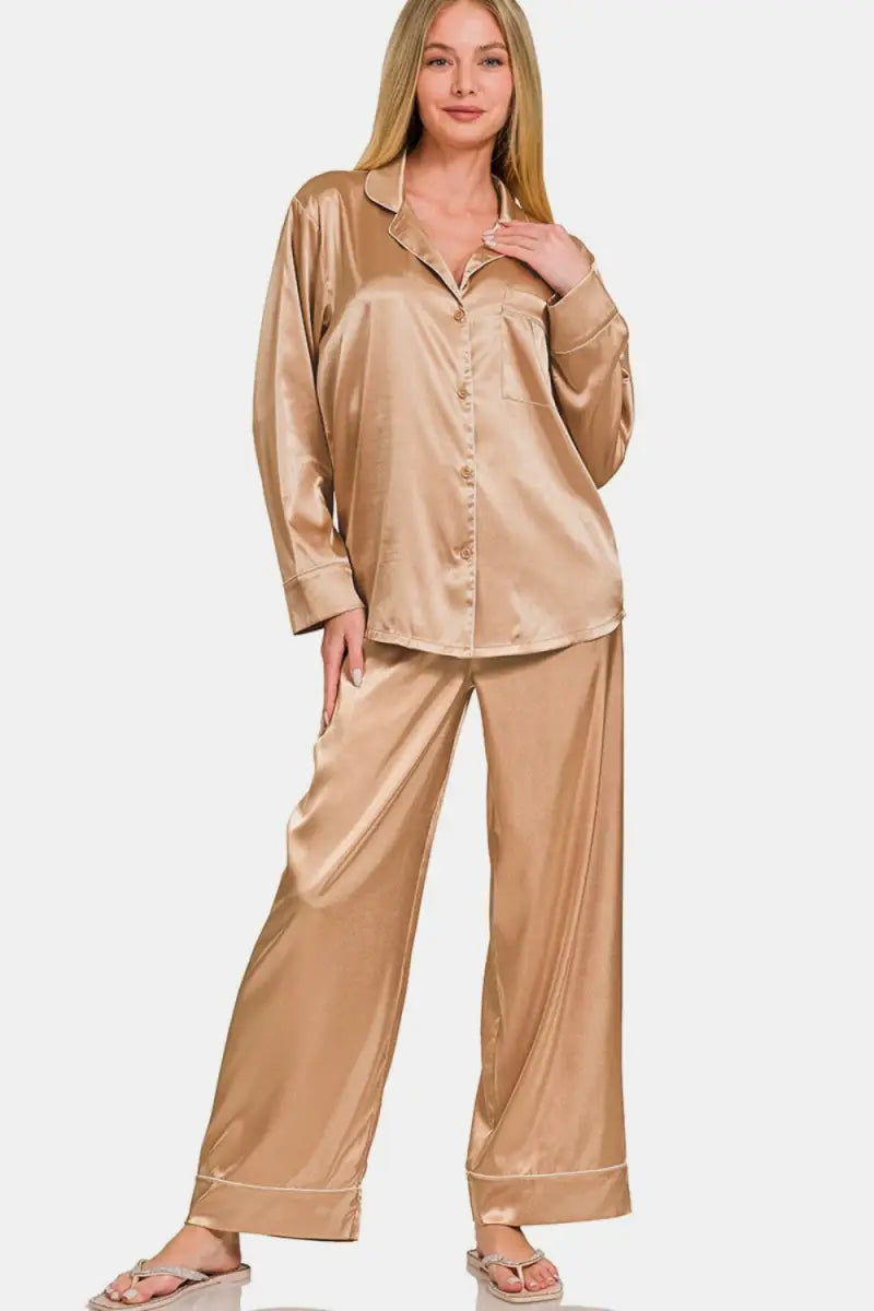 Brush / S - Zenana Satin Long Sleeve Shirt and Pants Pajama Set - Trendsi - Loungewear