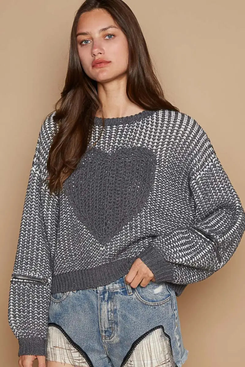 Charcoal / S - POL Round Neck Heart Patch Zipper Point Sleeve Sweater - Trendsi - Sweaters & Knitwear