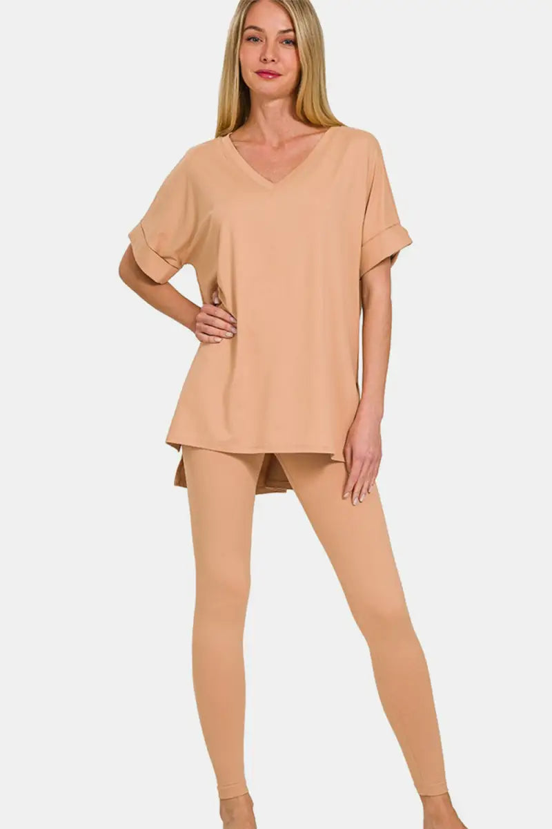 DK Brush / S - Zenana Full Size V-Neck Rolled Short Sleeve T-Shirt and Leggings Lounge Set - Trendsi - Loungewear