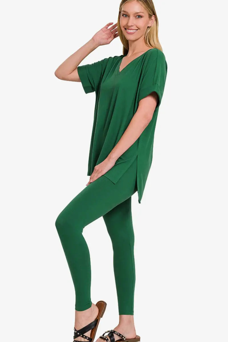 DK Green / S - Zenana V-Neck Rolled Short Sleeve T-Shirt and Leggings Lounge Set - Trendsi - Loungewear