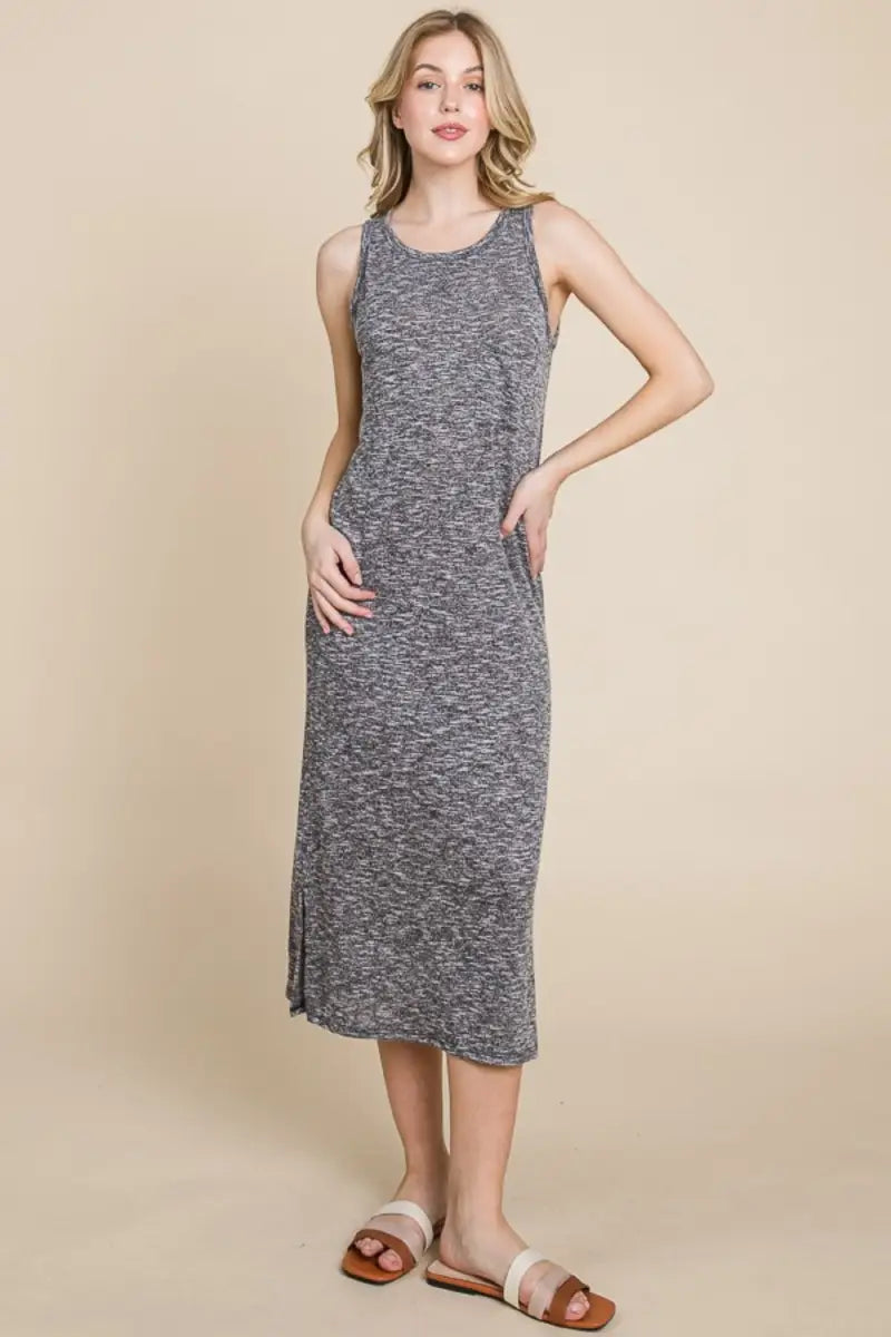 Grey / S - Round Neck Slit Midi Tank Dress - Dress - BOMBOM - Dresses