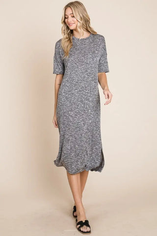 Grey / S - Slit Round Neck Half Sleeve Midi Dress - Dress - BOMBOM - Dresses