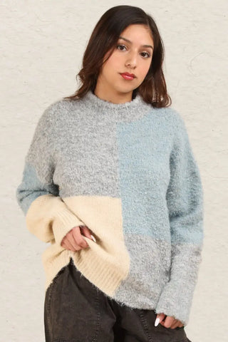 Grey / S - VERY J Color Block Mock Neck Drop Shoulder Sweater - Trendsi - Sweaters & Knitwear