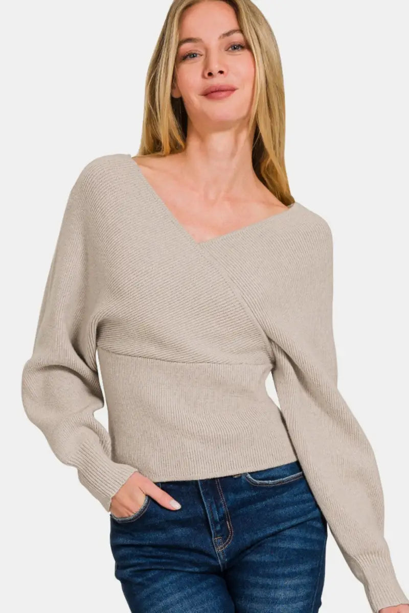 H Mocha / S - Zenana Cross Wrap Rib Long Sleeve Sweater - Trendsi - Sweaters & Knitwear