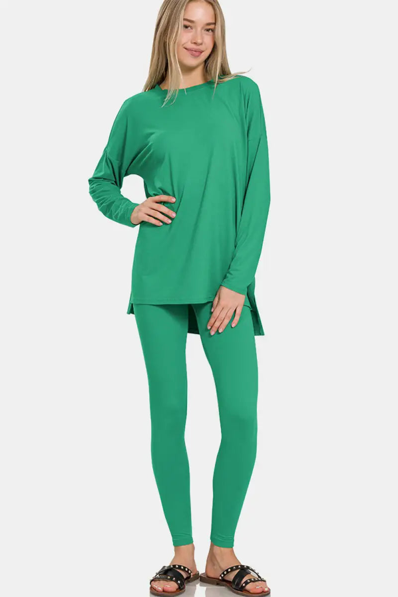 K Green / S - Zenana Full Size Brushed Microfiber Top and Leggings Lounge Set - Trendsi - Loungewear